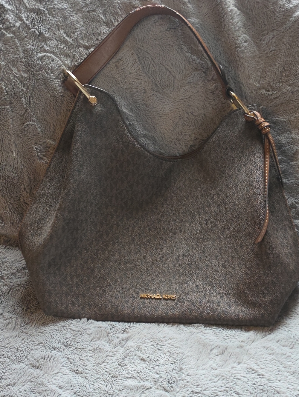 Michael Kors Brown Logo Shoulder Hobo with Gold Hardware